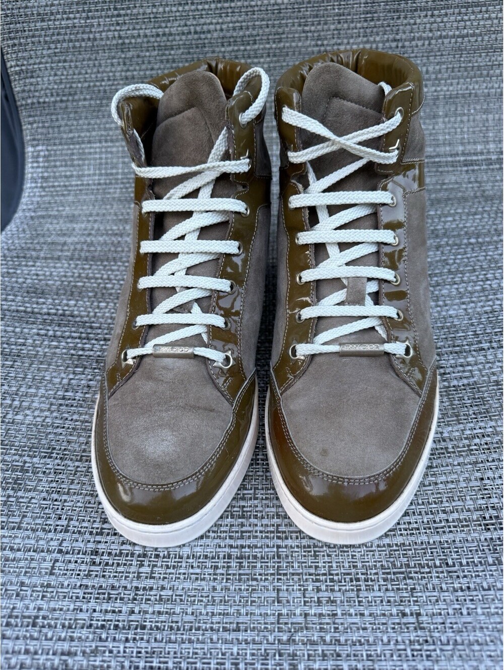 Jimmy Choo Tokyo High Top Suede Patent Leather Sneaker Women's Sz 37.5 /US 7.5-8 - Picture 4 of 16